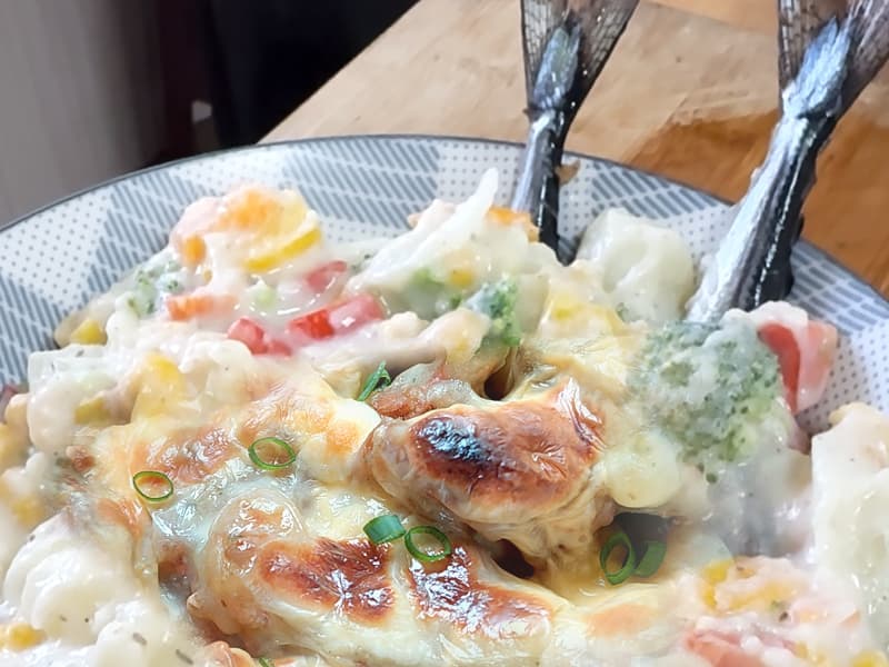 焗烤蔬菜佐明太子秋刀魚